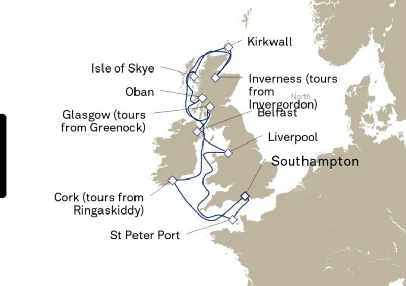 British Isles itinerary map Cunard