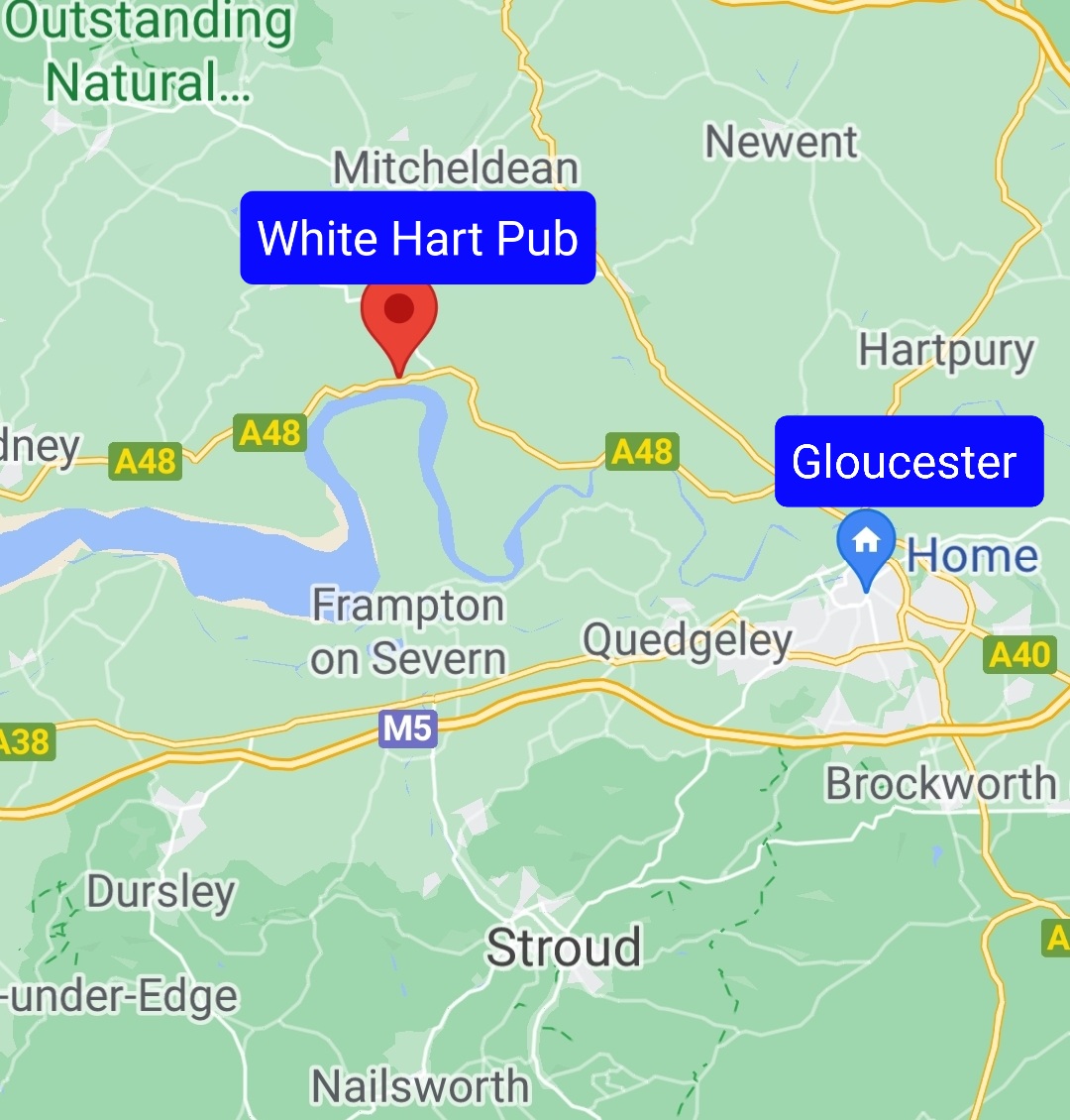 White Hart Pub Gloucester to Broadoak Map