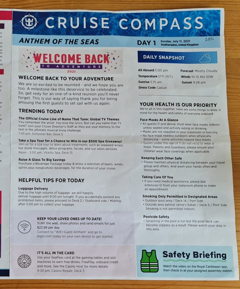 Anthem of the Seas Cruise Compass Daily Program activities and what's on the ship
