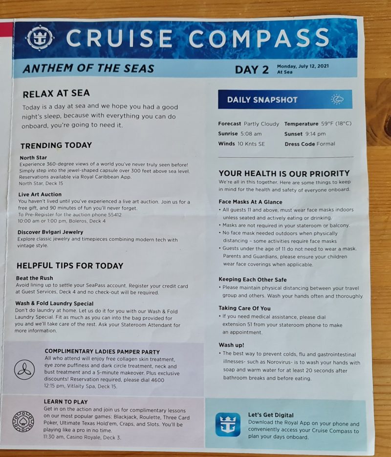 Day 2 Anthem of the Seas Cruise Compass Daily Programs front page