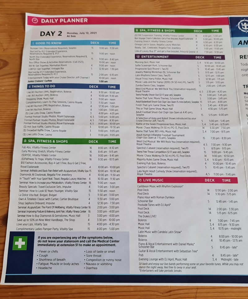 Day 2 Anthem of the Seas Cruise Compass Daily Programs timings