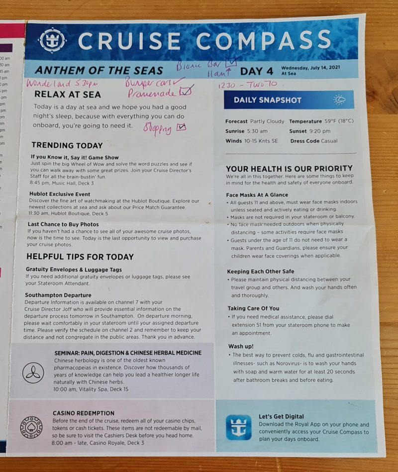 Seacation UK Royal Caribbean Anthem of the Seas Cruise Compass Daily Programs Front page