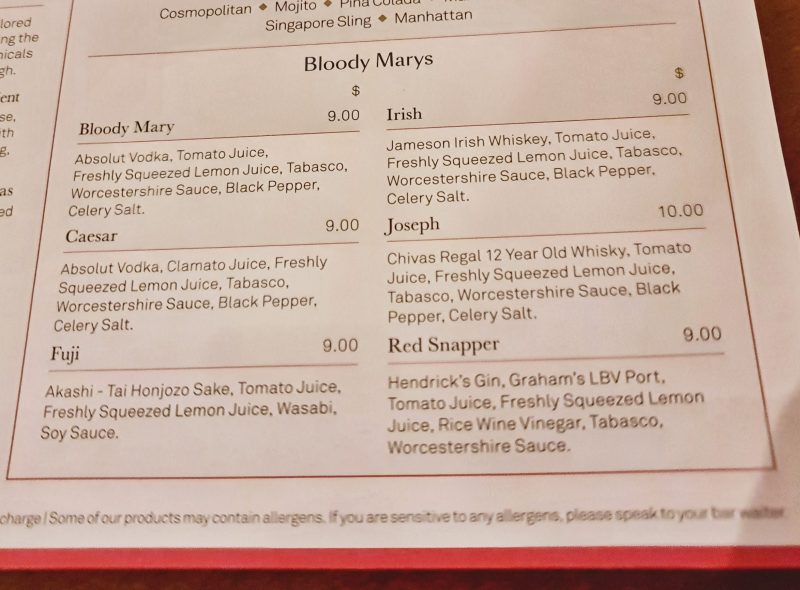 Bloody Mary Menu Cunard Queen Elizabeth Cruise Ship