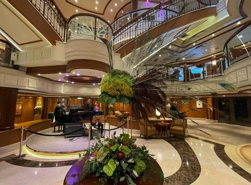 Grand lobby Queen Elizabeth Cruise ship Cunard