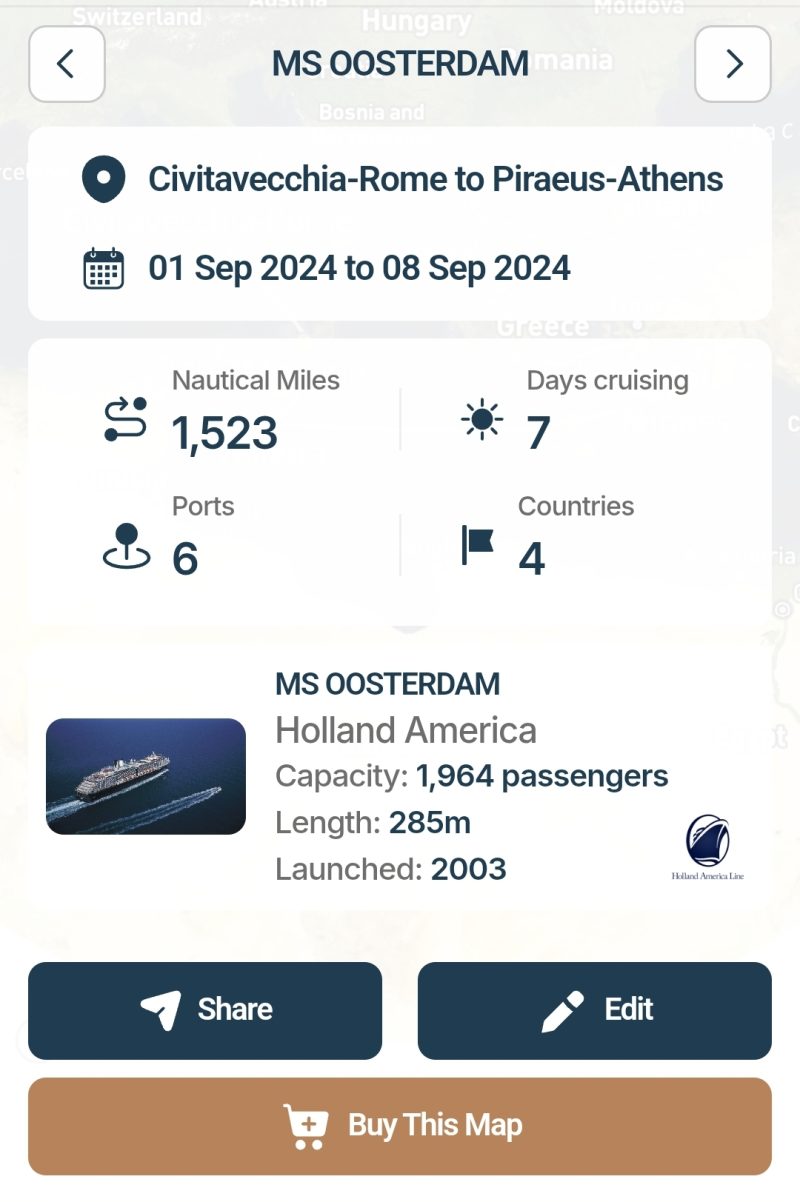 Paul and Carole Cruise Globe Europe Oosterdam statistics